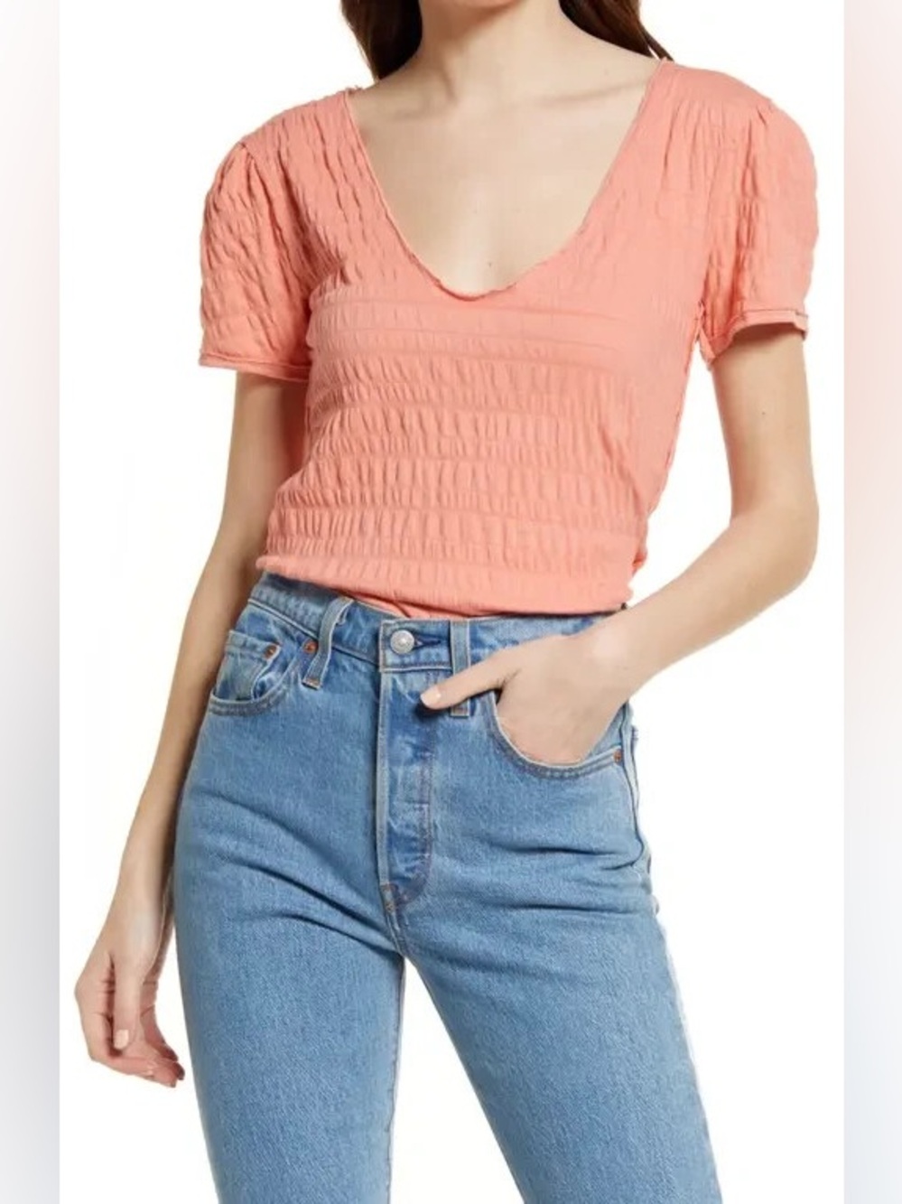 Free People Sugar Cube V-Neck T-Shirt Top Burnt Coral Size Small NWT
